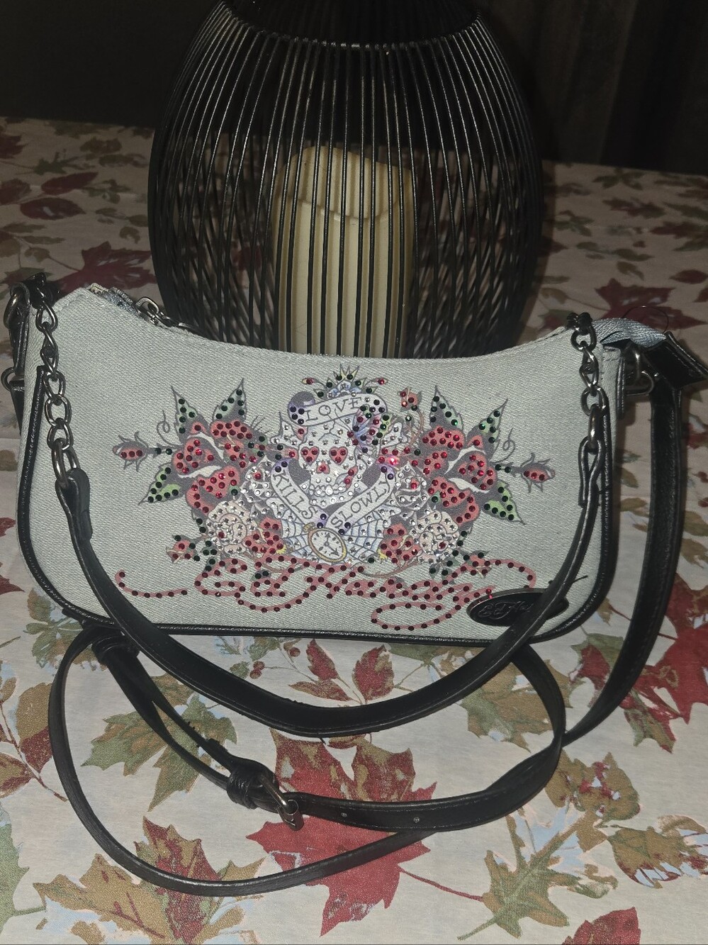 Embellished Floral Crossbody Bag - Denim with Multi Color Accents
